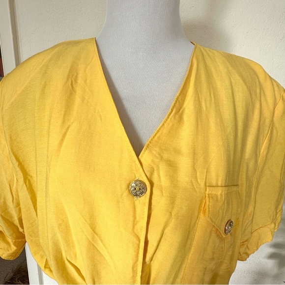 80s Yellow Oversized double pocket gold chunky button up short sleeve jacket - Picture 10 of 10